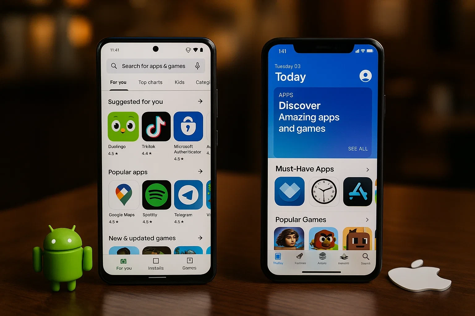 Smartphone Android e iPhone lado a lado mostrando Google Play Store e App Store para comparação de sistemas operativos