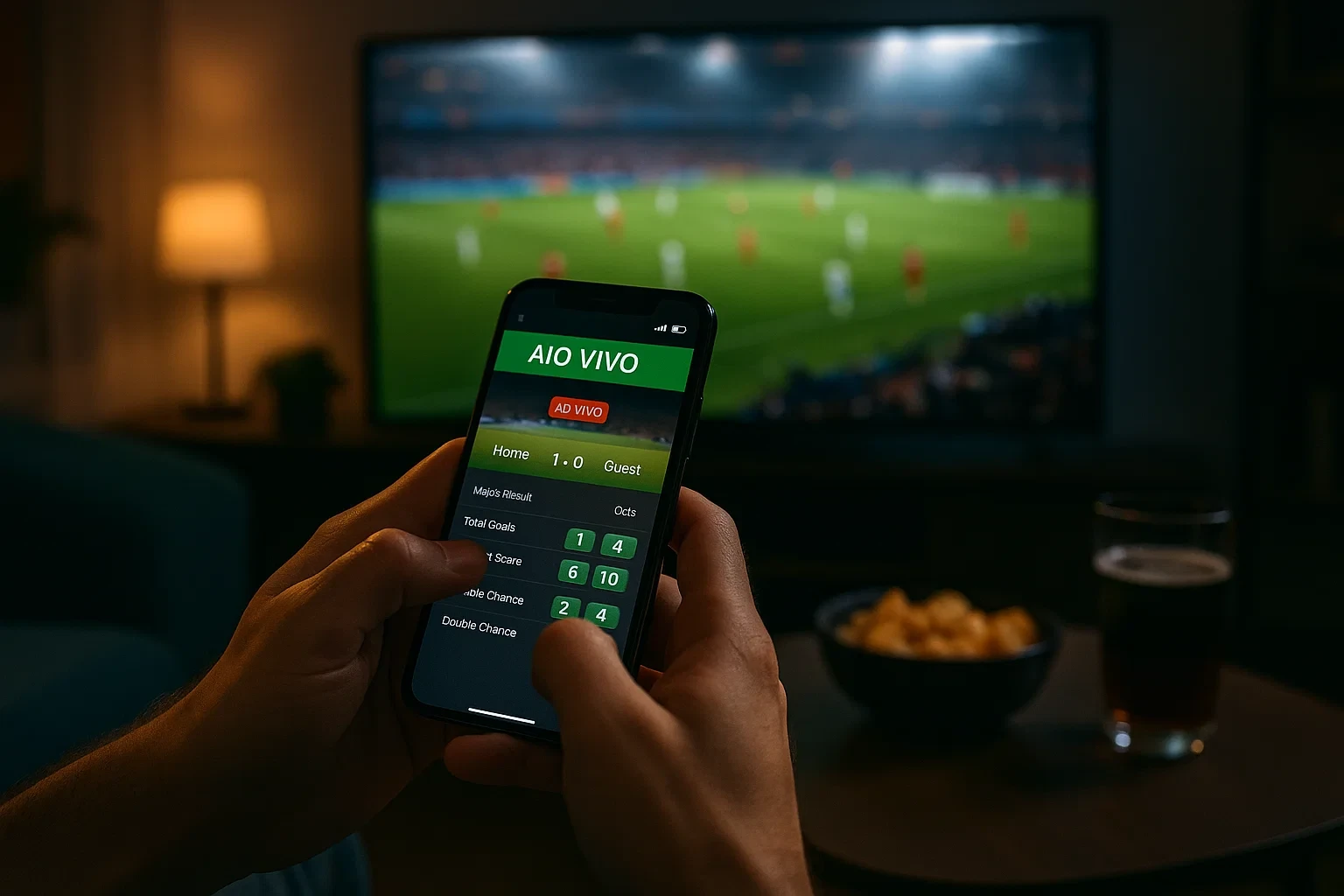 Experiência de apostas ao vivo com televisão mostrando jogo de futebol e smartphone com interface de apostas em tempo real