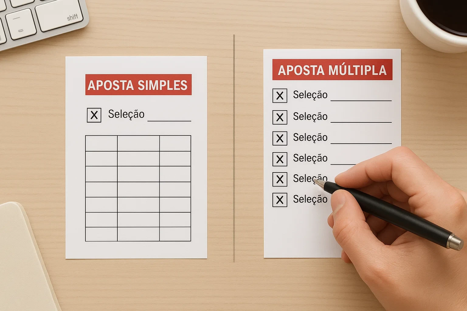 Comparação visual entre boletim de aposta simples com uma seleção e aposta múltipla com várias seleções combinadas