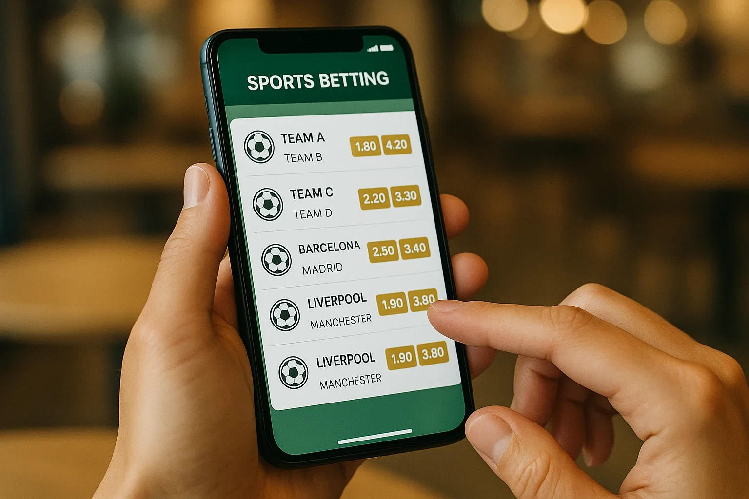 Mãos a segurar um smartphone com interface de app de apostas desportivas num ambiente de café