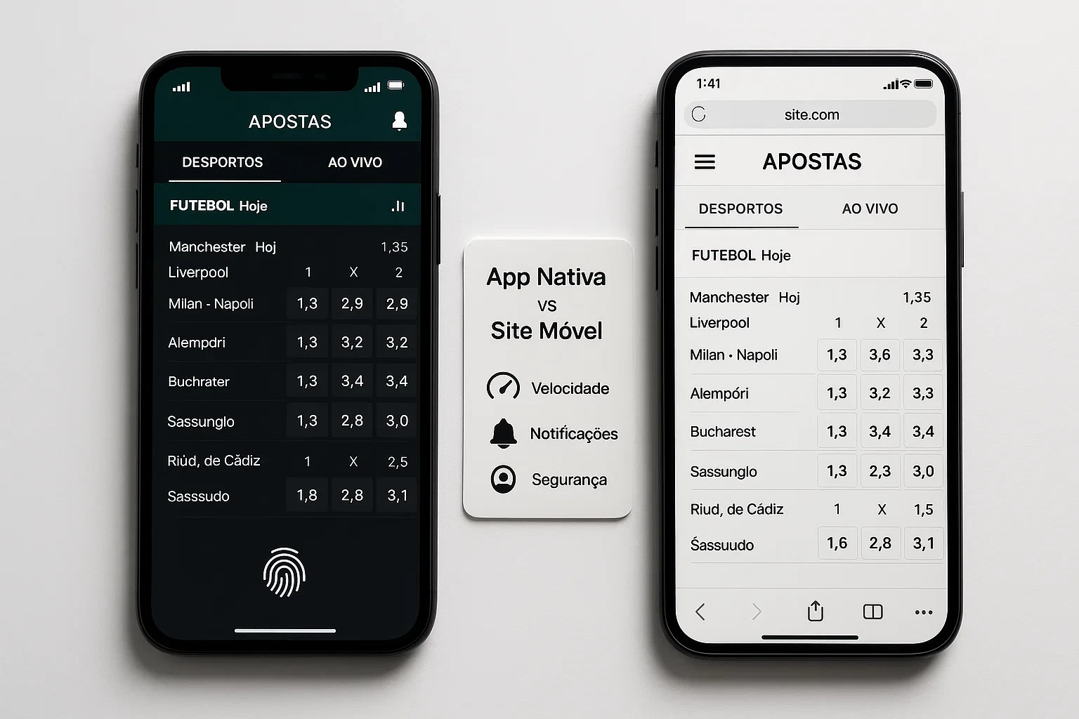 Comparação visual entre aplicação nativa de apostas e site móvel no navegador mostrando vantagens de velocidade e notificações