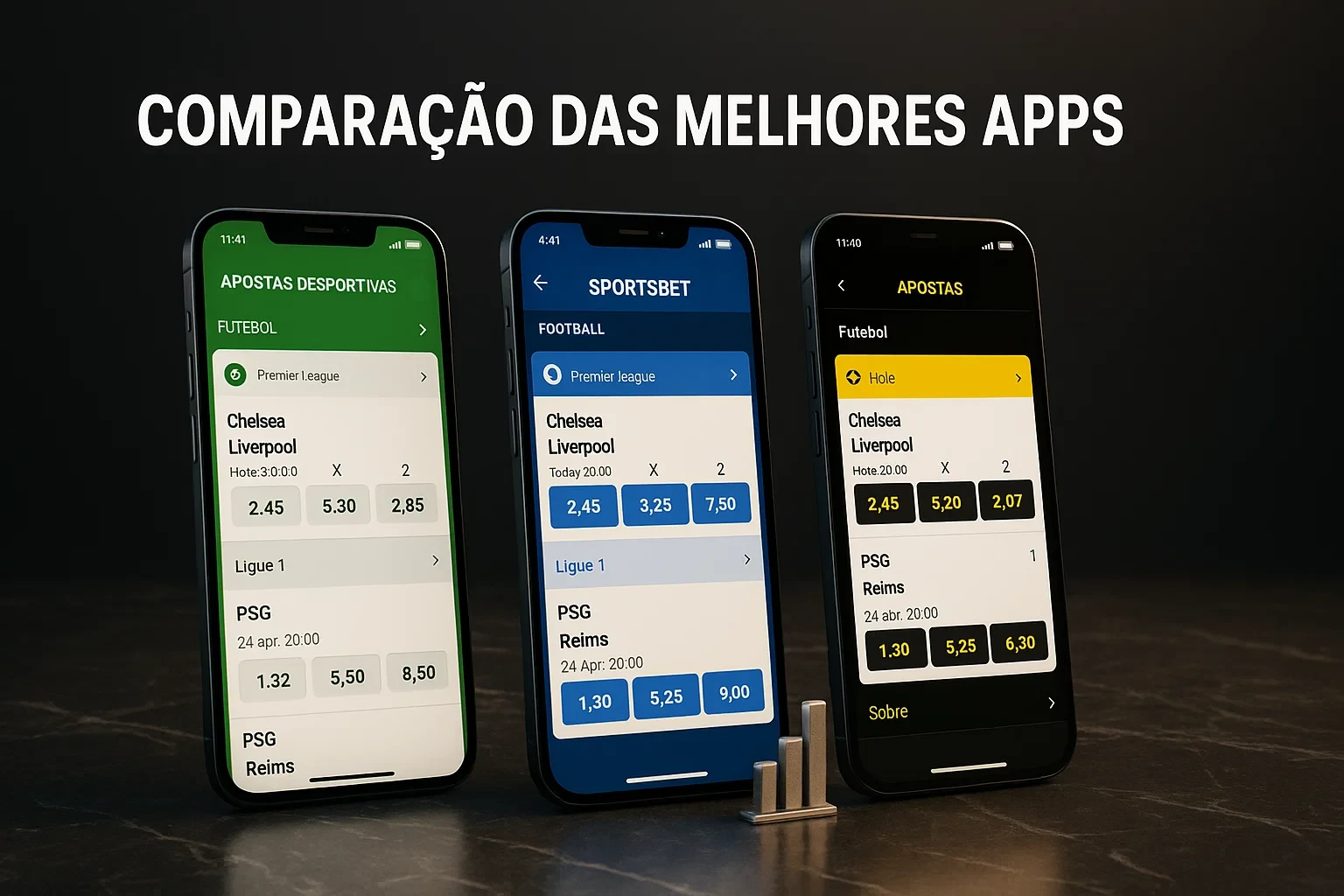 Três smartphones mostrando diferentes aplicações de apostas para comparação entre Betano, Betclic e Bwin