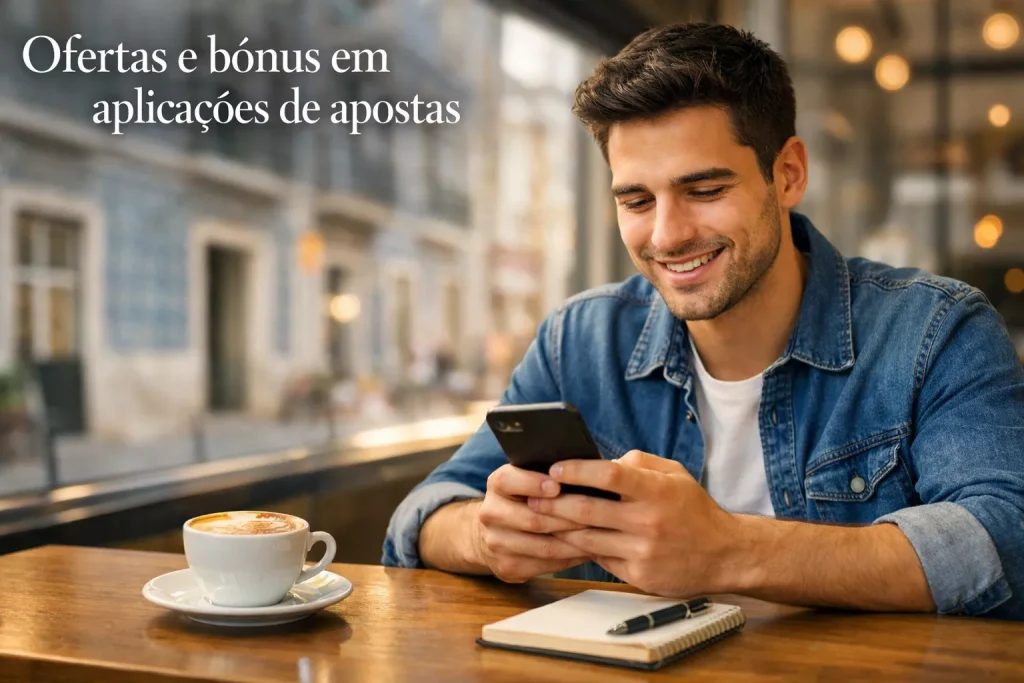 Homem português a receber bónus de boas-vindas na aplicação de apostas no smartphone