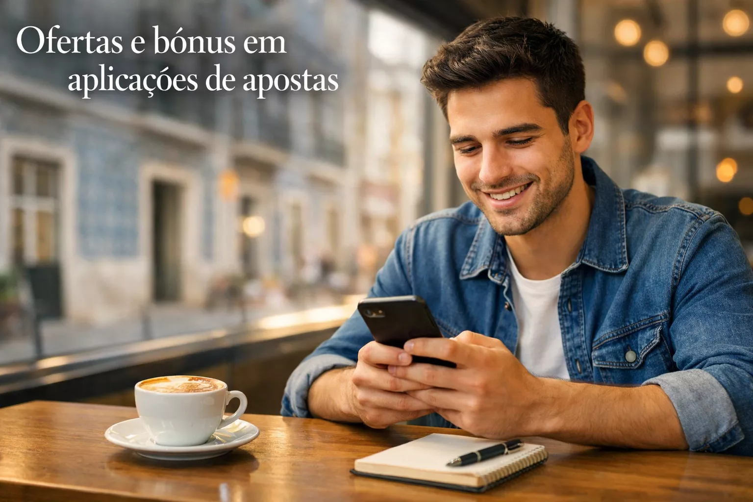 Homem português a receber bónus de boas-vindas na aplicação de apostas no smartphone