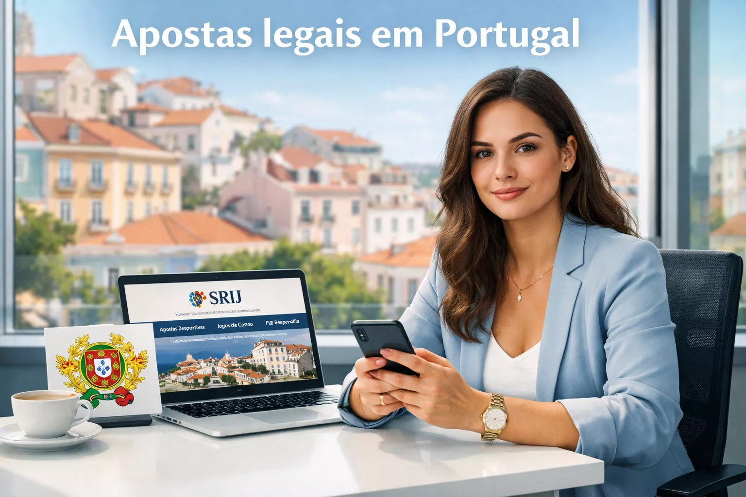 Mulher portuguesa a utilizar aplicação de apostas legal no smartphone com selo de verificação visível