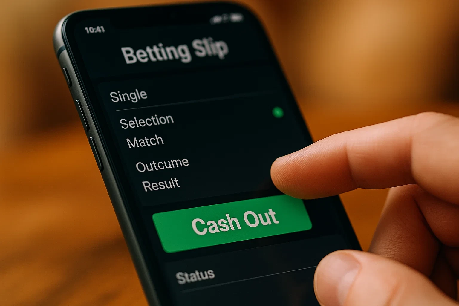 Dedo a pairar sobre botão de cash out no ecrã do smartphone mostrando interface de apostas com opção de encerrar aposta