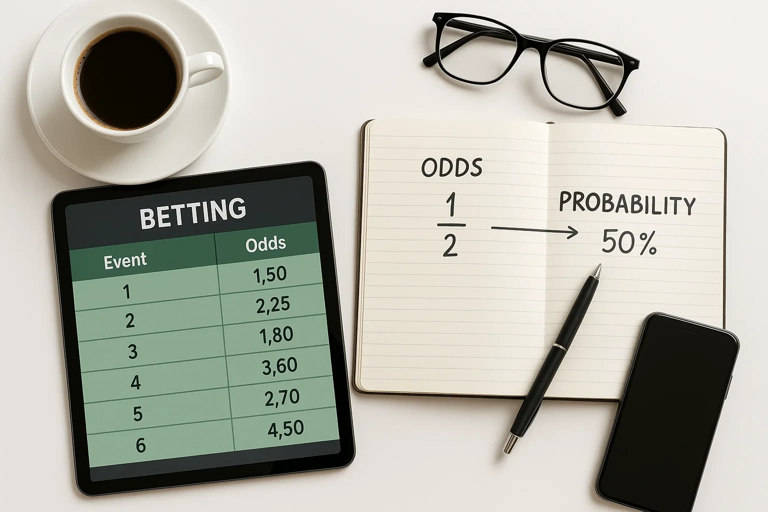 Tablet e caderno mostrando explicação visual de como funcionam as odds nas apostas desportivas com conversão para probabilidade