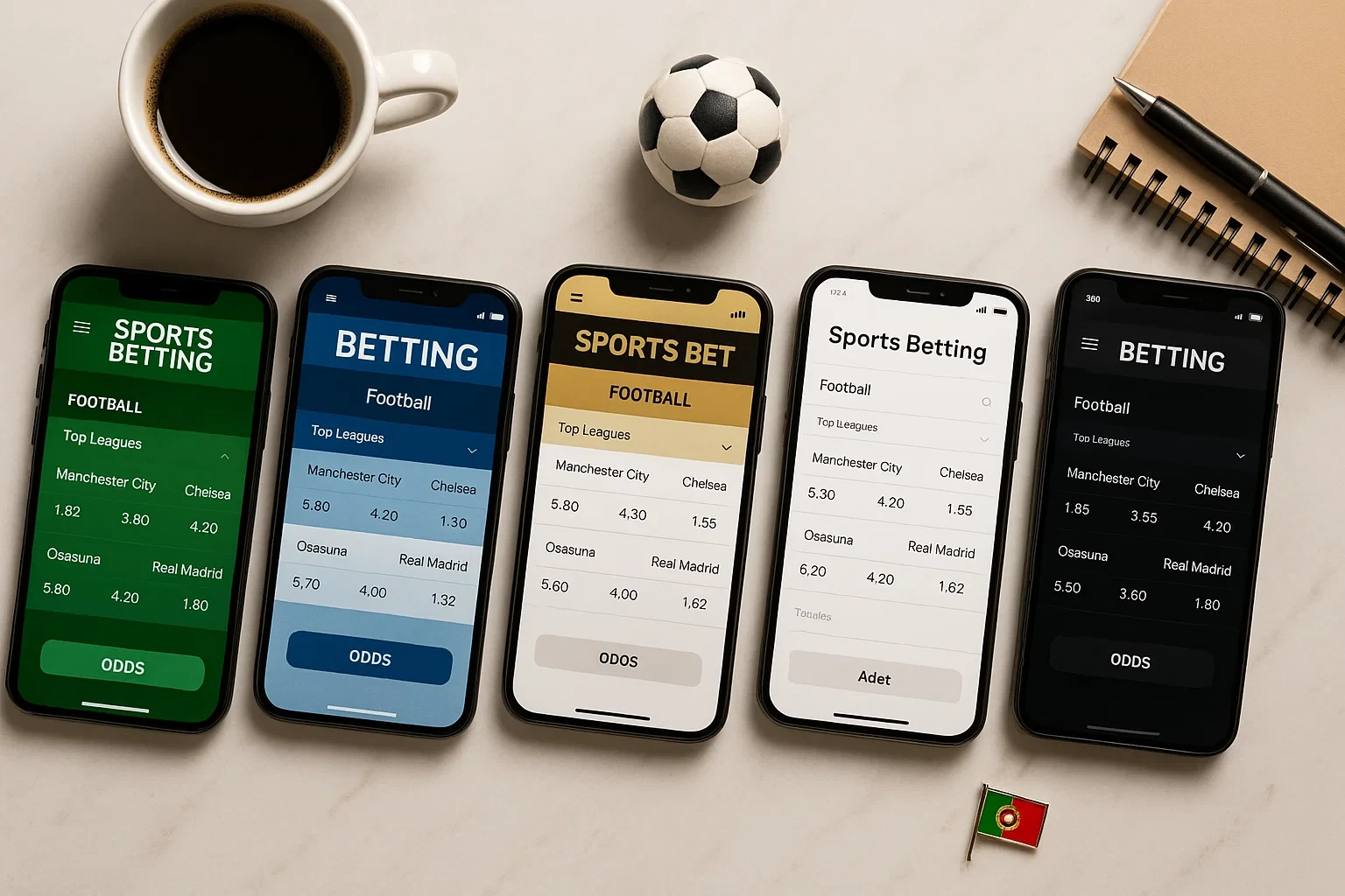 Vista superior de cinco smartphones com diferentes interfaces de apps de apostas desportivas numa superfície de mármore