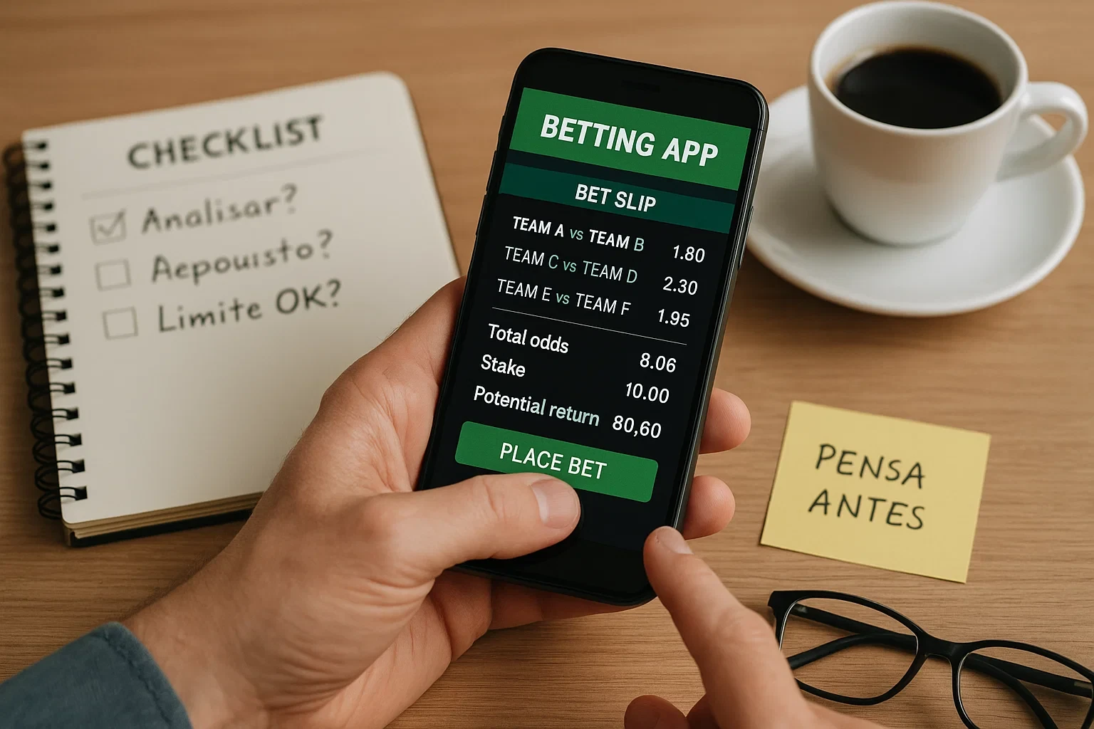Mão hesitante sobre smartphone com aplicação de apostas e caderno com checklist de reflexão antes de apostar