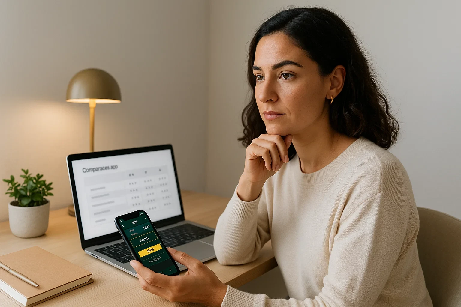 Mulher portuguesa a comparar informações no laptop e smartphone num escritório moderno