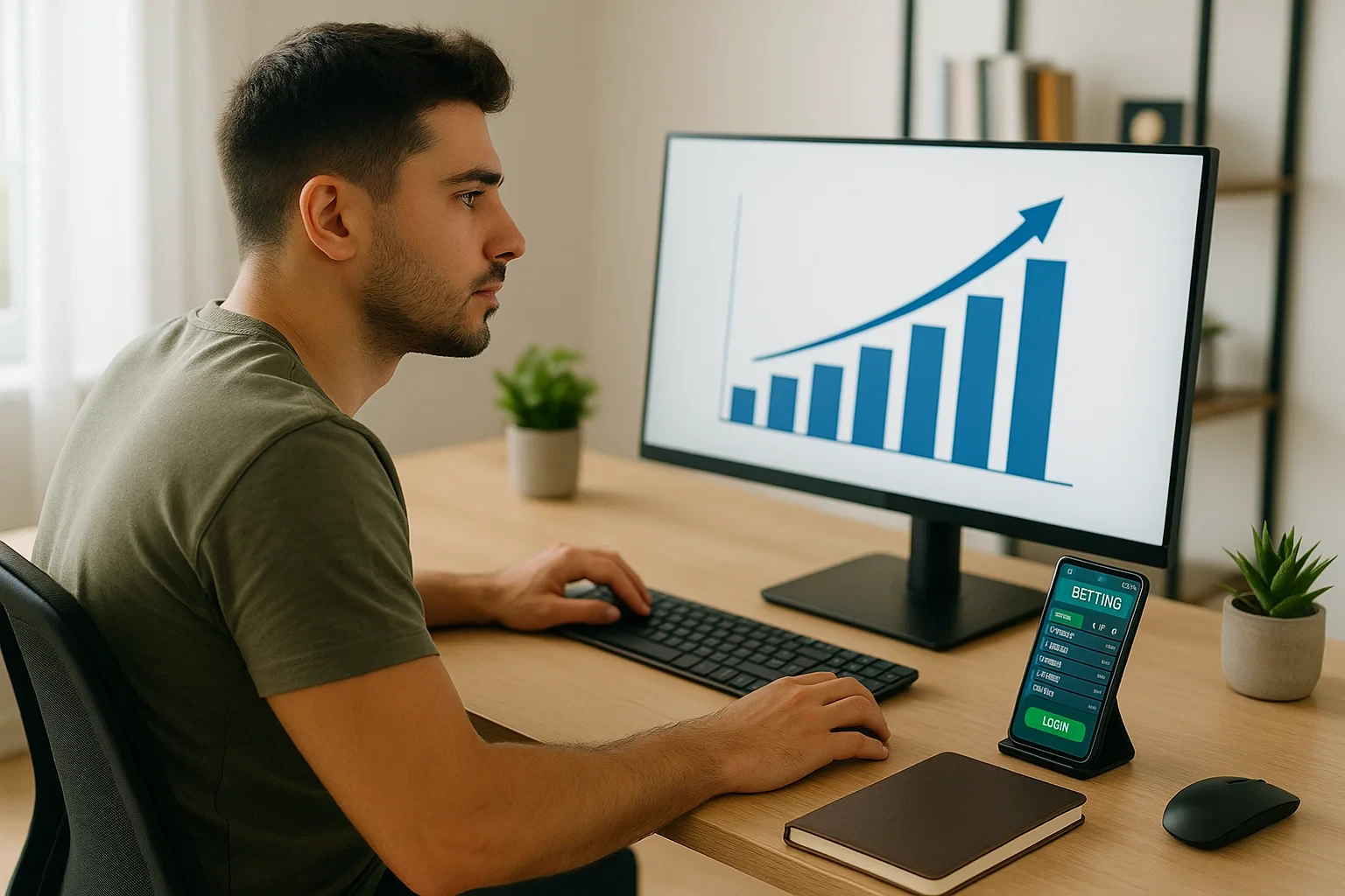Homem profissional a planear estratégia de apostas no computador com gráficos de crescimento e smartphone