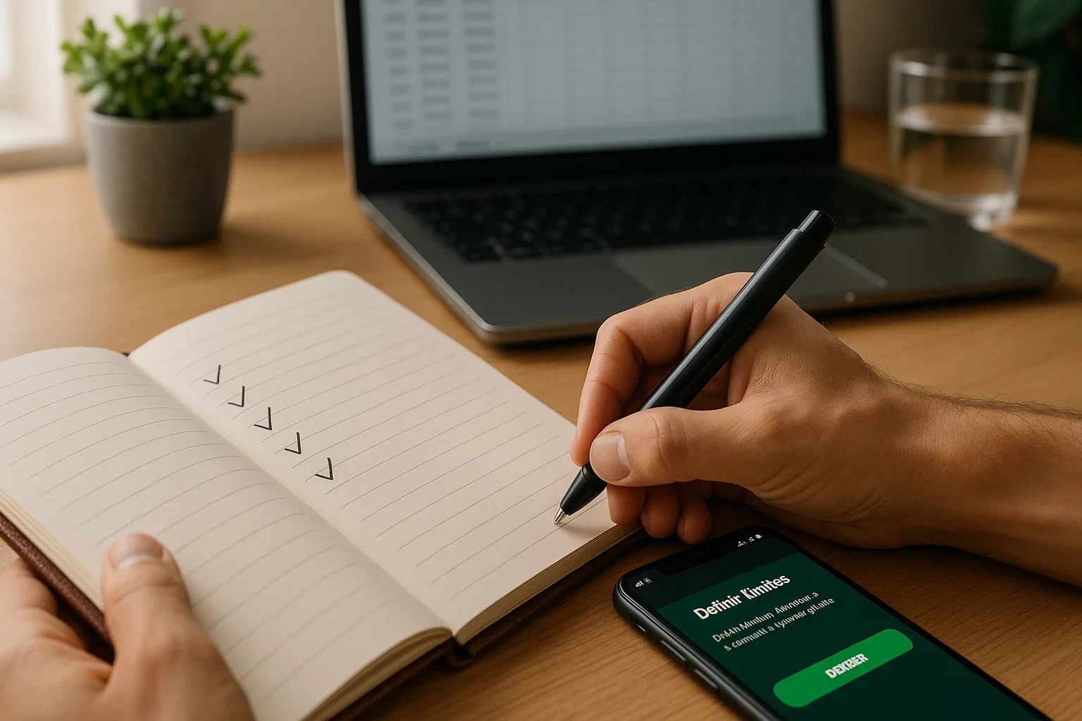 Pessoa a organizar registos de apostas num caderno com smartphone mostrando opção de definir limites para gestão de banca responsável