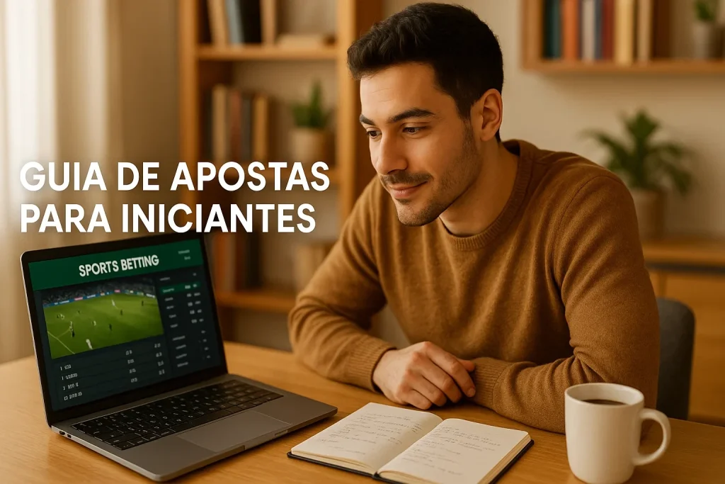 Jovem português a aprender sobre apostas desportivas no portátil com caderno de notas num ambiente acolhedor