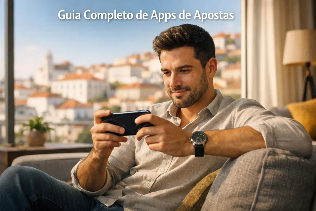 Homem português a utilizar aplicação de apostas no smartphone num ambiente moderno e confortável