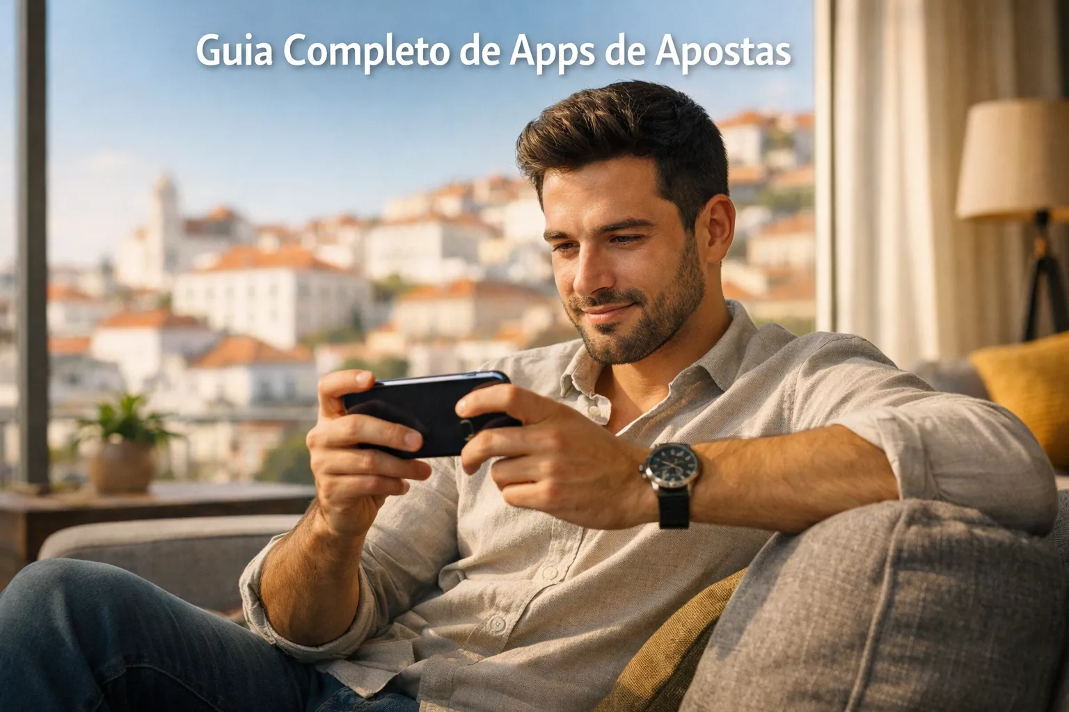 Homem português a utilizar aplicação de apostas no smartphone num ambiente moderno e confortável