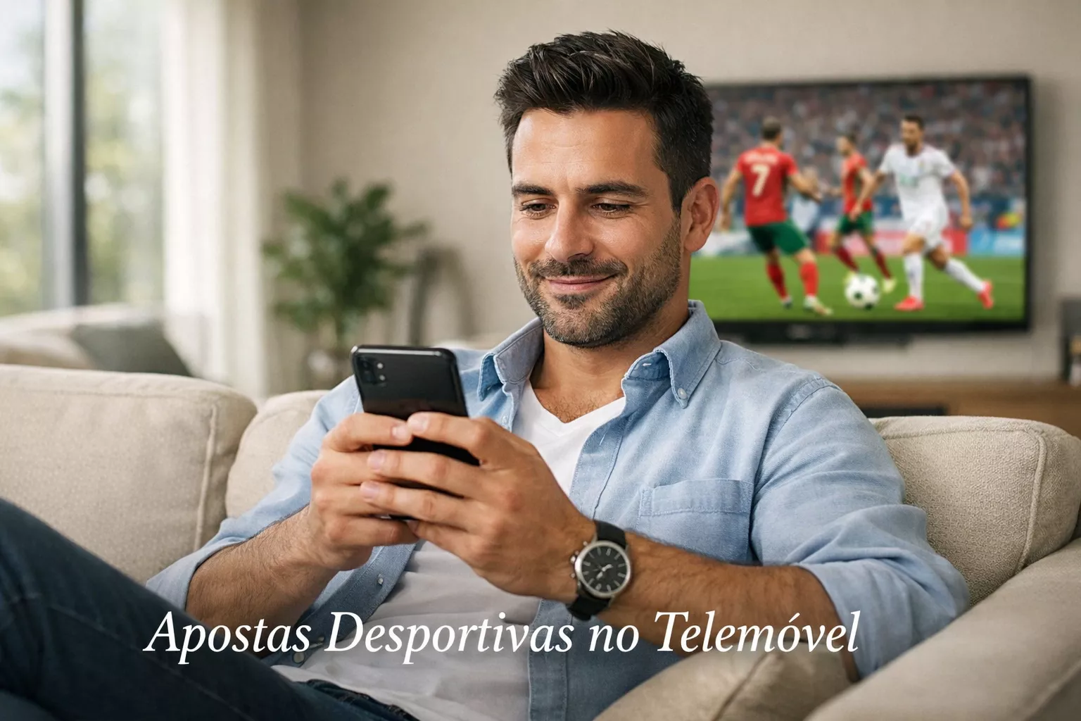 Jovem português a utilizar uma app de apostas no smartphone numa sala de estar moderna com jogo de futebol na televisão