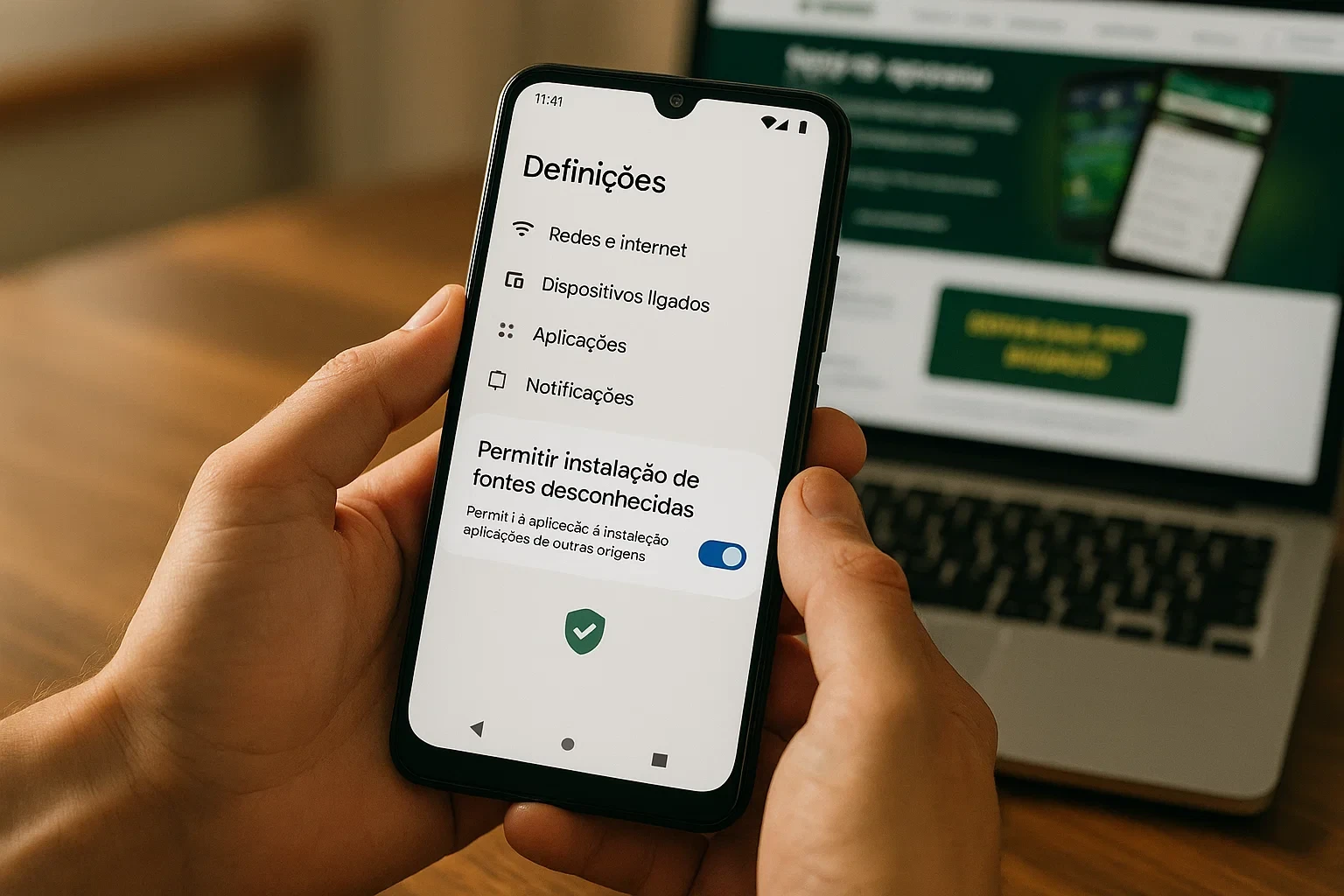 Mãos a segurar smartphone Android mostrando definições de permissão para instalação segura de ficheiro APK