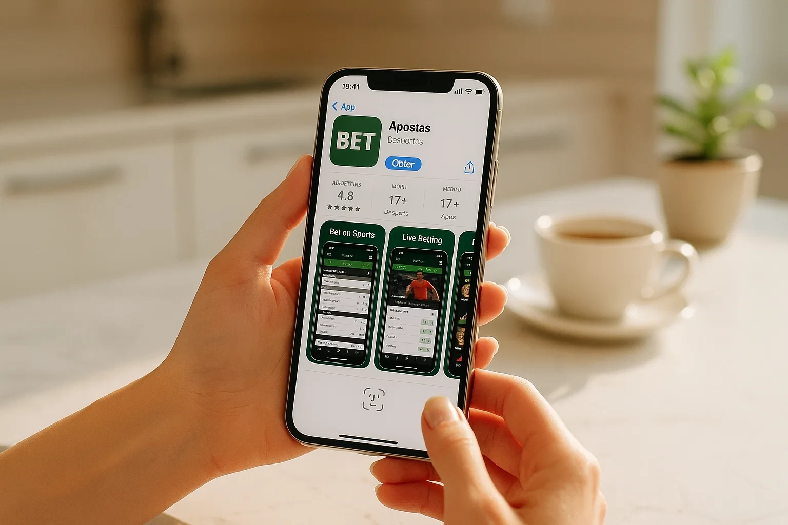 Mãos femininas a segurar iPhone com App Store aberta mostrando botão Obter para descarregar aplicação de apostas