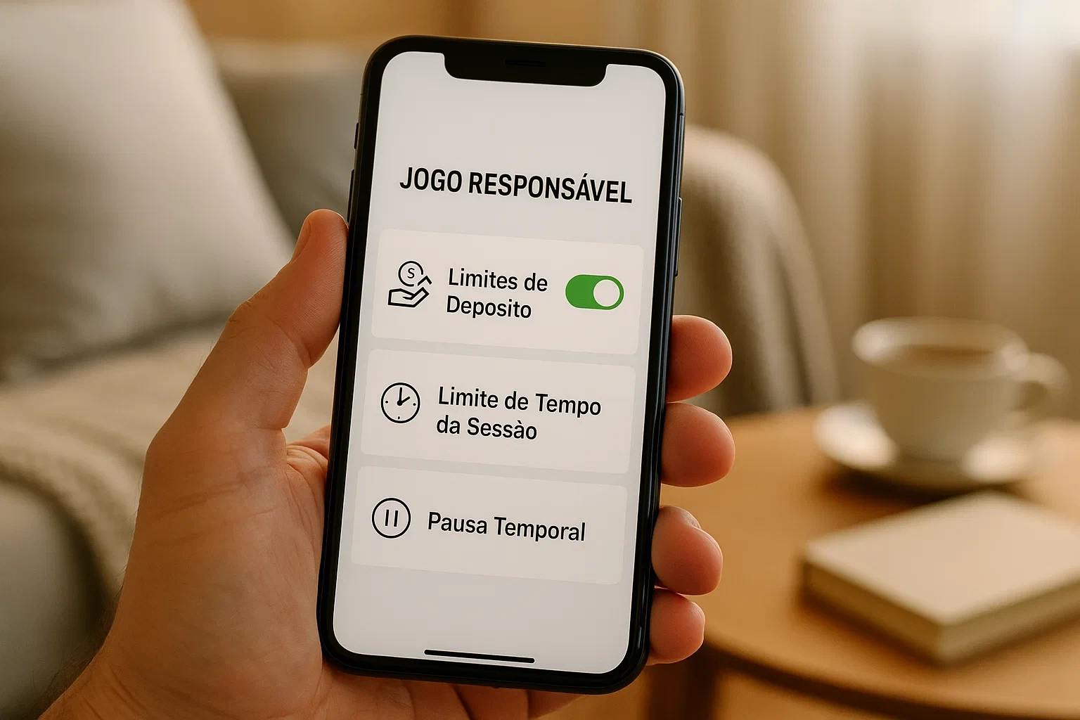 Smartphone mostrando definições de limites de depósito e jogo responsável em aplicação de apostas num ambiente caseiro acolhedor