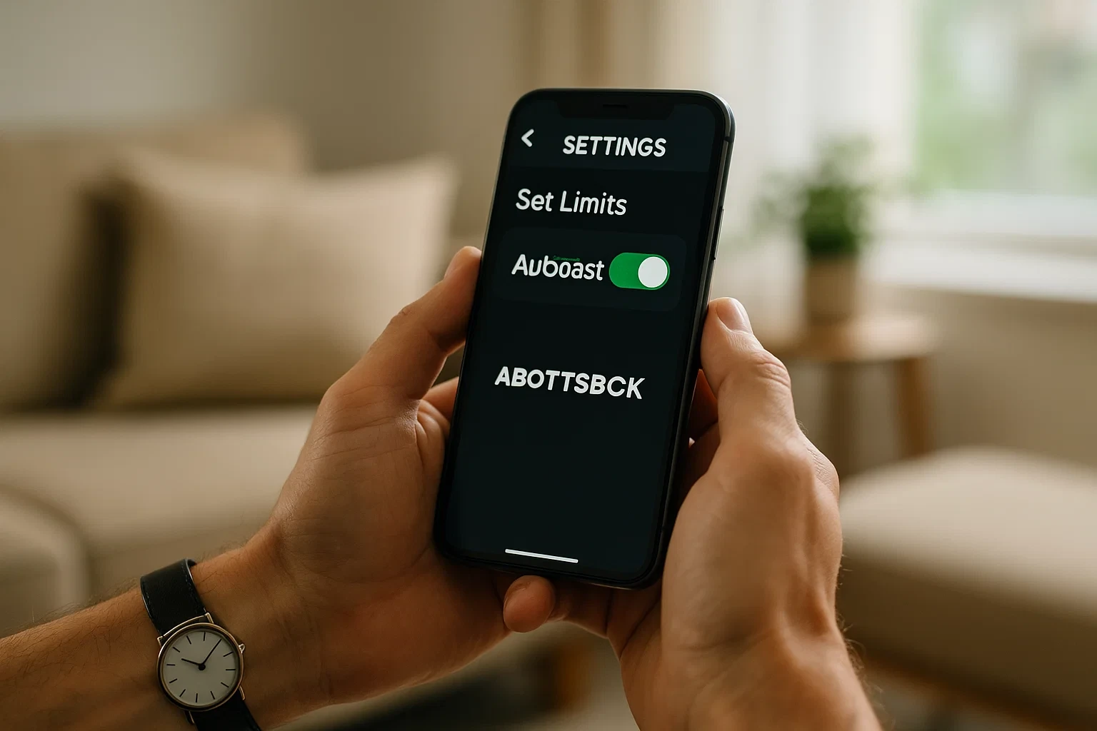 Mãos a segurar smartphone mostrando definições de limites e jogo responsável na aplicação de apostas