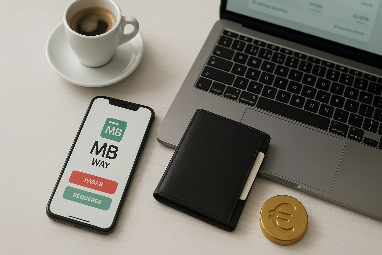 Vista superior de uma secretária com smartphone a mostrar MB Way, carteira e laptop com interface bancária