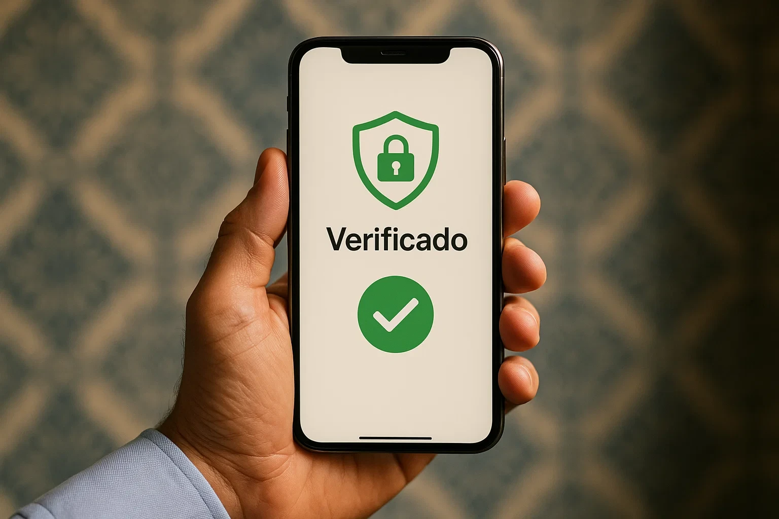 Smartphone a mostrar ícone de cadeado e verificação de segurança com azulejos portugueses no fundo