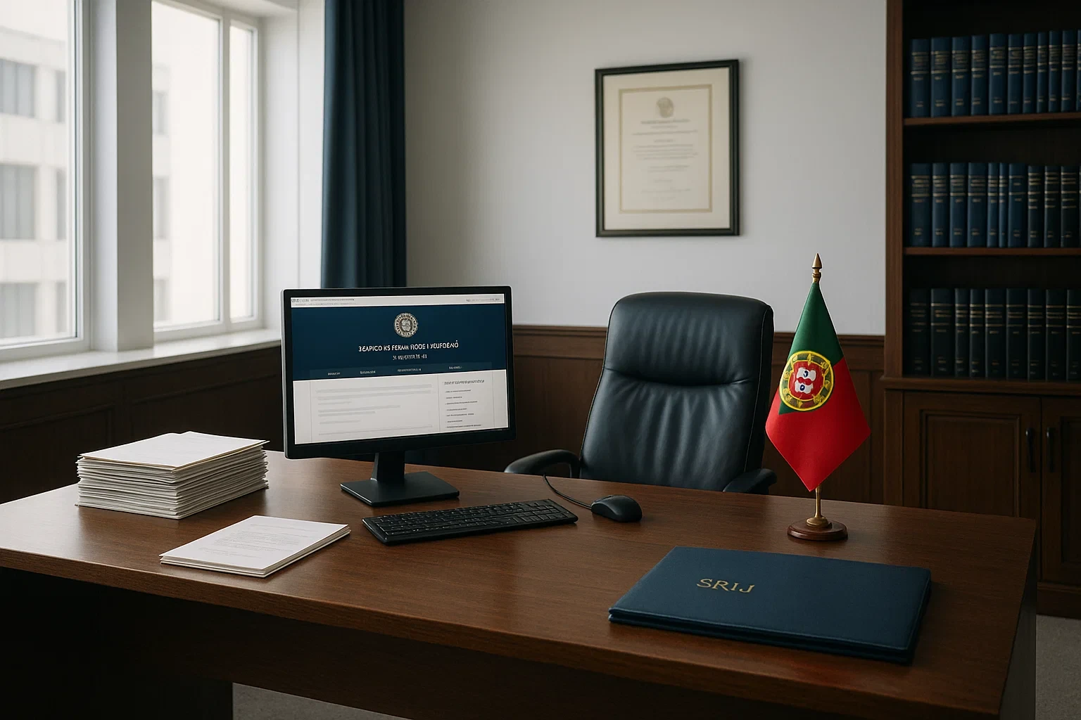 Interior de escritório oficial do SRIJ com documentos de licenciamento e ambiente institucional profissional