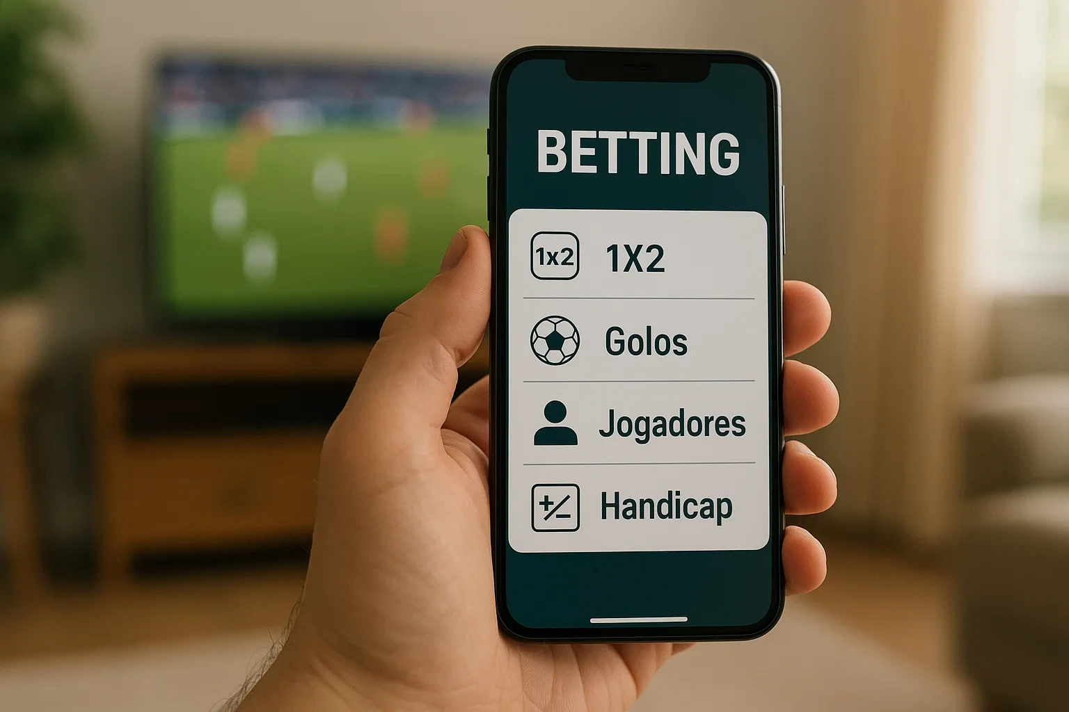 Smartphone mostrando diferentes tipos de apostas disponíveis numa aplicação com categorias como 1X2, Golos e Handicap