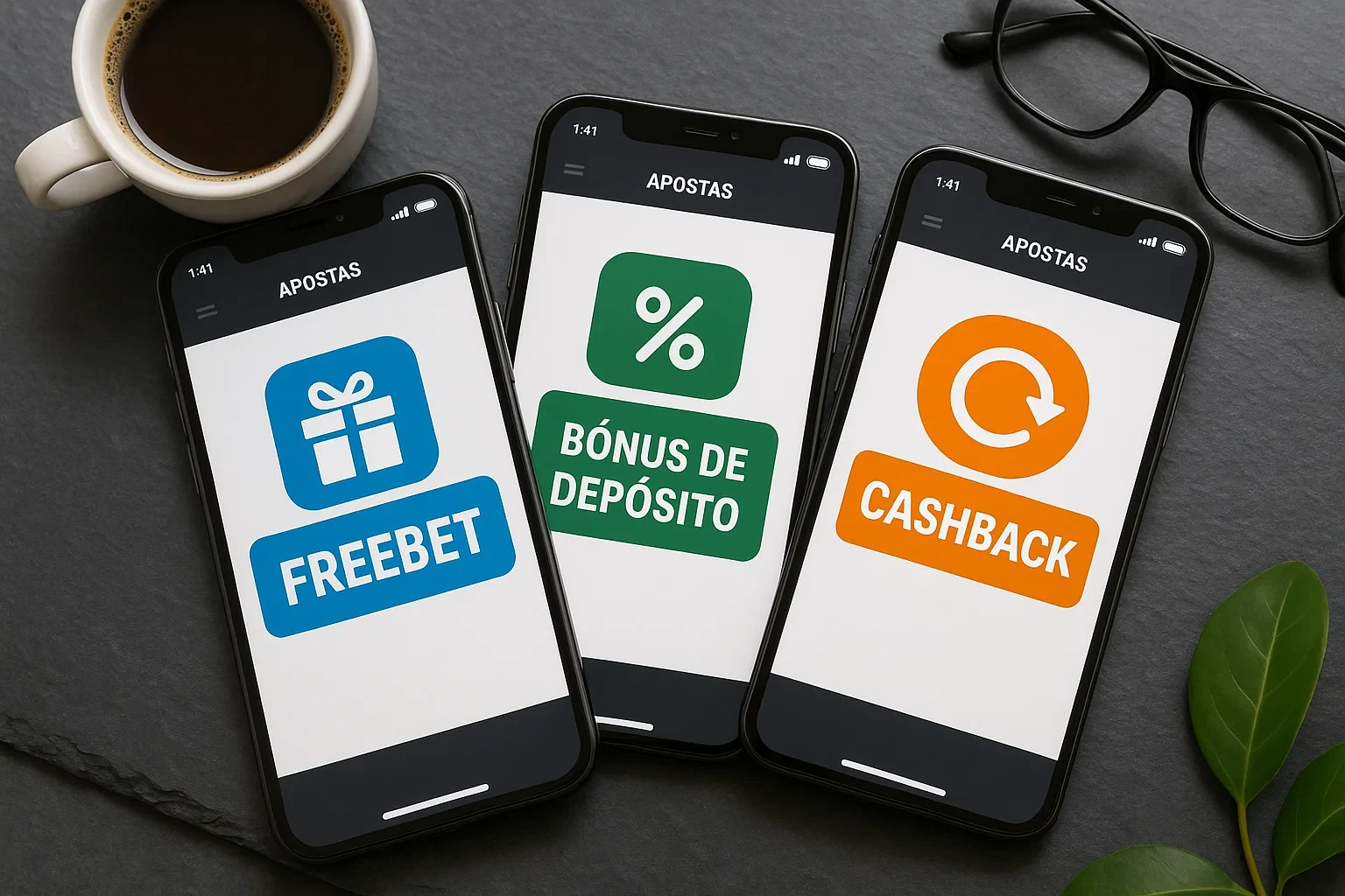Três smartphones mostrando diferentes tipos de bónus: freebet, bónus de depósito e cashback