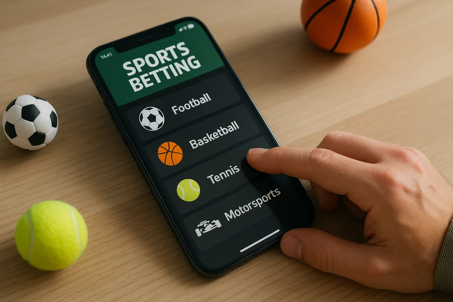 Smartphone mostrando categorias de desportos variados numa aplicação de apostas com elementos desportivos decorativos