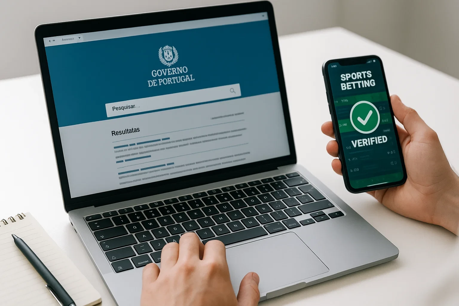 Pessoa a verificar legalidade de casa de apostas no portátil com site oficial do SRIJ e smartphone com app verificada